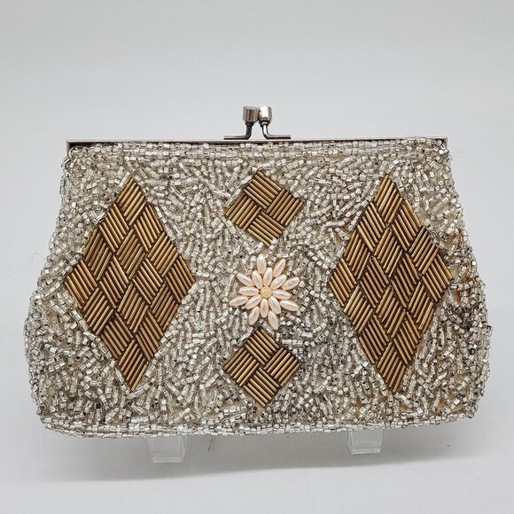 Handbags - Vintage 1950's Silver Pearl Diamond Pattern Hand Beaded Evening Purse Clutch